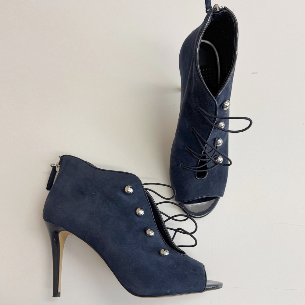 White House Black Market Booties Womens 7.5 Blue Peyton Suede Peep Toe Heels
